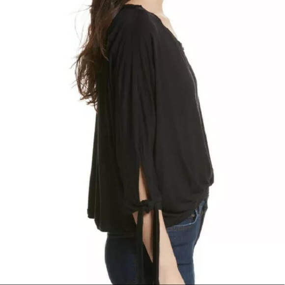 Free People Keepin On Solid Black Tie Sleeve Blouse Medium - Picture 3 of 16